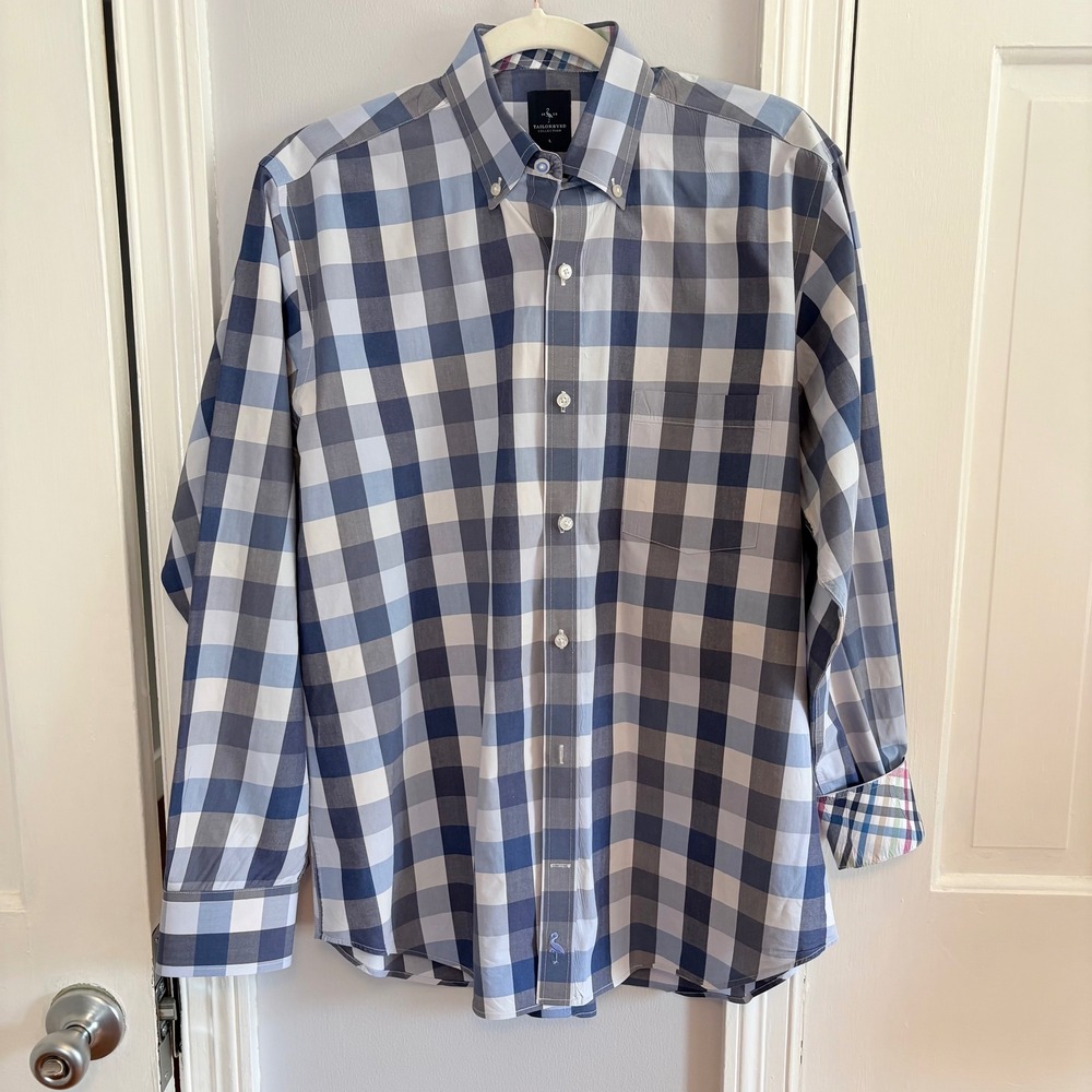 Tailorbyrd Mens Large Button Down Shirt Blue Buffalo Plaid Long Sleeve Flip Cuff